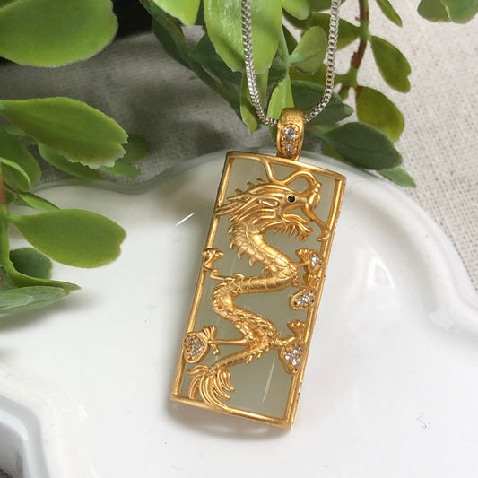 40mm Hetian Jade 925s Sterling Silver Gold Case Dragon Pendant RARE