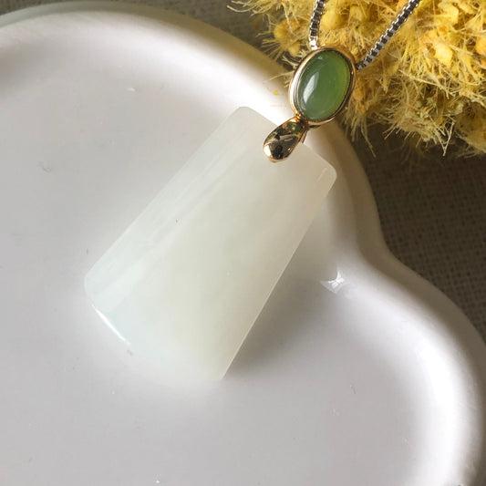 SALE: 28.7mm Hetian Jade 925s Sterling Silver Gold Case Bail Green Cabochon Pendant