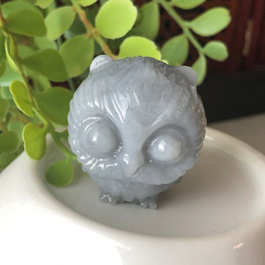 32mm Grade A Jadeite Jade Carved Wuxi Grey Owl Display
