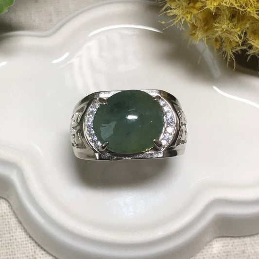 925S Certified Grade A Jadeite Jade Icy Green Round Cabochon Ring set on Sterling Silver