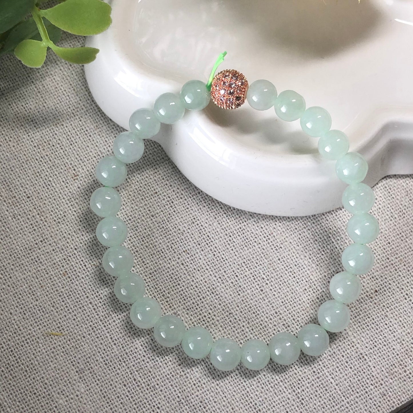 6.5 mm Grade A Glossy Glutinous Icy Green Tint Jadeite Jade RoundBead Bracelet 26pcs.