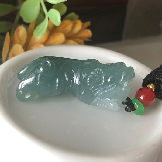 RESERVED: 37.3mm Grade A Jadeite Jade Icy Carved Sky Blue Tiger Pendant Neck Rope Tie