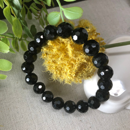 10 mm Grade A Carved Diamond Cut Black Omphacite Jadeite Jade Bead Bracelet 19 PCs.