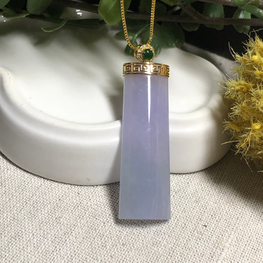 42.1mm Jadeite Jade Icy Lavender Blue Plaque Pendant set with 18K Yellow Gold Bail