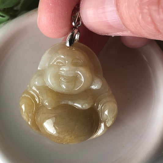 29.8mm Grade A Earthy Yellow Brown Carved Happy Buddha Jadeite Jade Pendant with 925s Bail