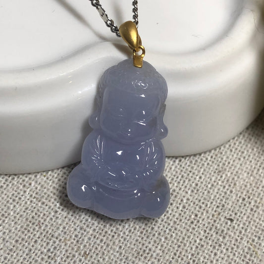 25.7mm Jadeite Jade Icy Lavender Yellow Carved Baby Buddha Pendant set with 18K Yellow Gold Bail