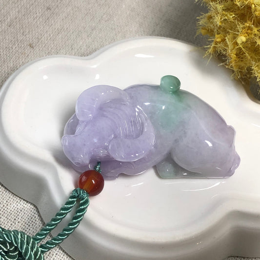 43mm Certified Grade A Jadeite Jade Carved Lavender Year of the Cow 2021 Keychain or Pendant Display Figurine