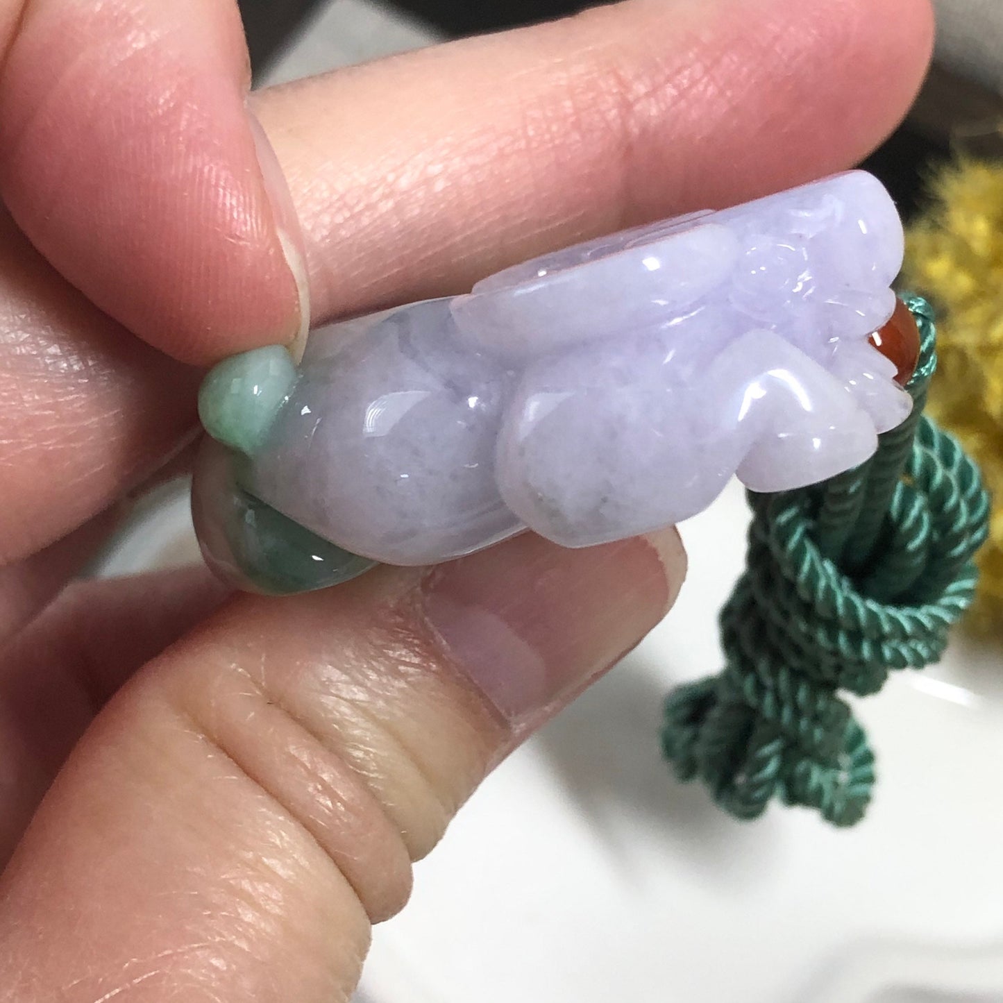 43mm Certified Grade A Jadeite Jade Carved Lavender Year of the Cow 2021 Keychain or Pendant Display Figurine