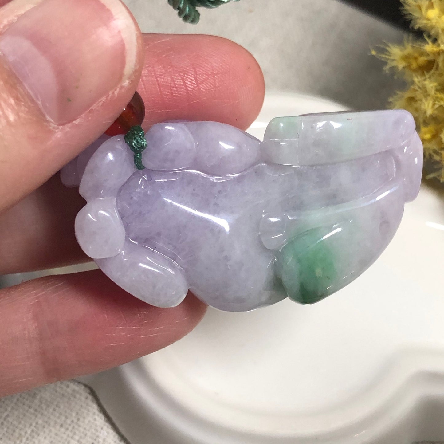 43mm Certified Grade A Jadeite Jade Carved Lavender Year of the Cow 2021 Keychain or Pendant Display Figurine