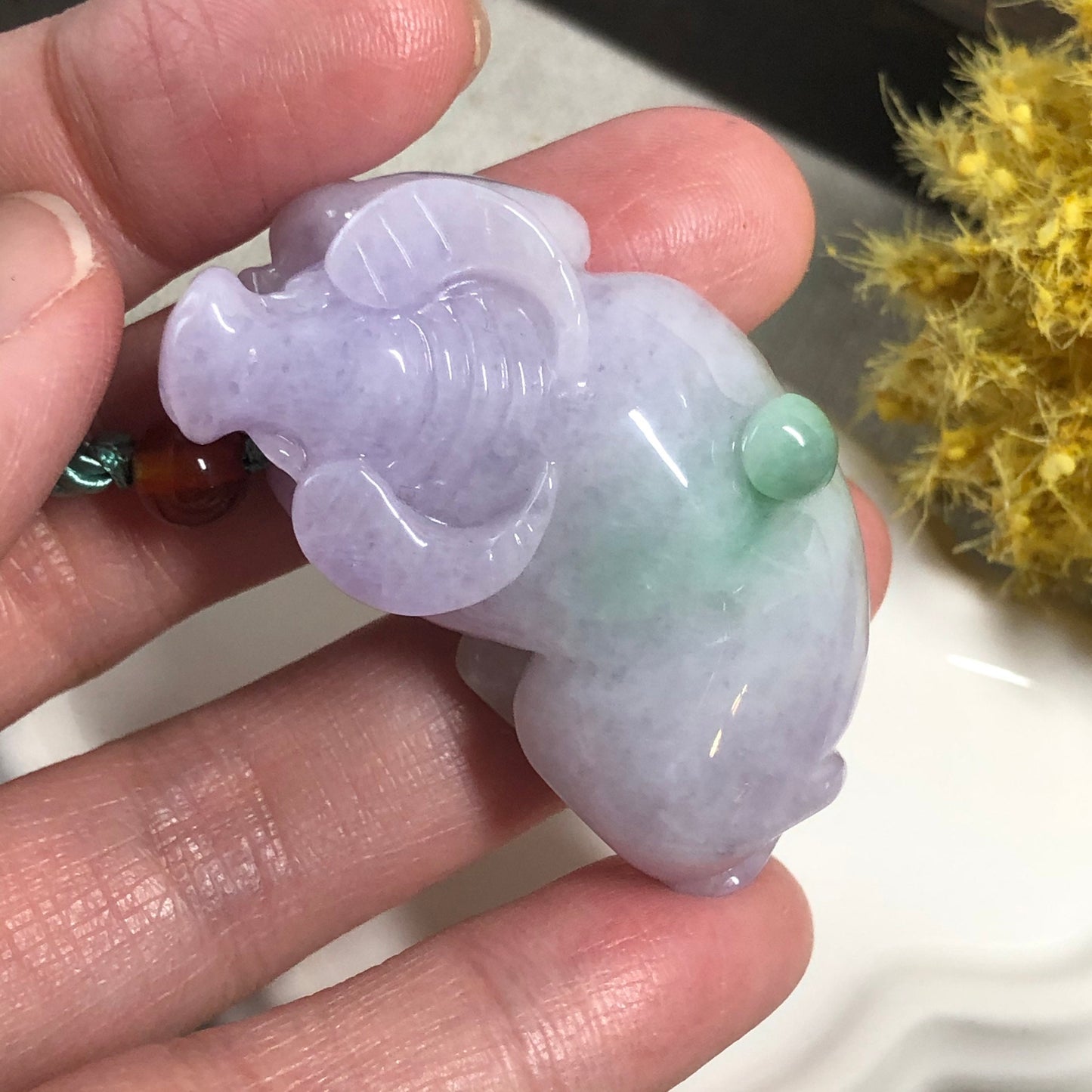 43mm Certified Grade A Jadeite Jade Carved Lavender Year of the Cow 2021 Keychain or Pendant Display Figurine
