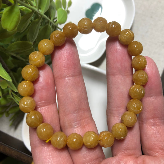 SALE: Jadeite Jade Yellow Brown Carved Antique Rounded Bead Bracelet 7.5mm x 24pcs.