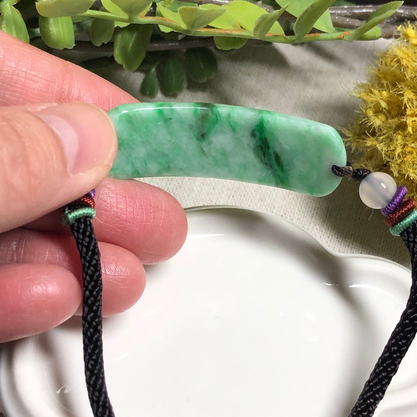 44.6mm Grade A Green Moss Carved Flower Jadeite Jade Rope Bracelet