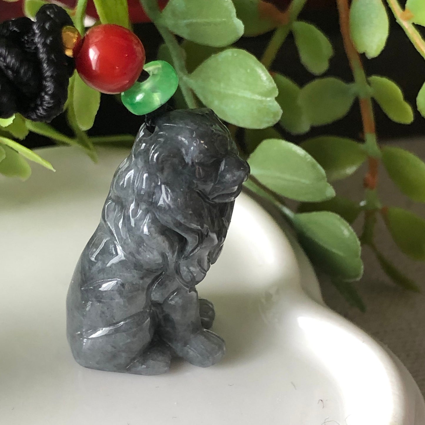 30.4mm Grade A Jadeite Jade Carved Wuji Grey Black Lion Pendant Neck Rope Tie