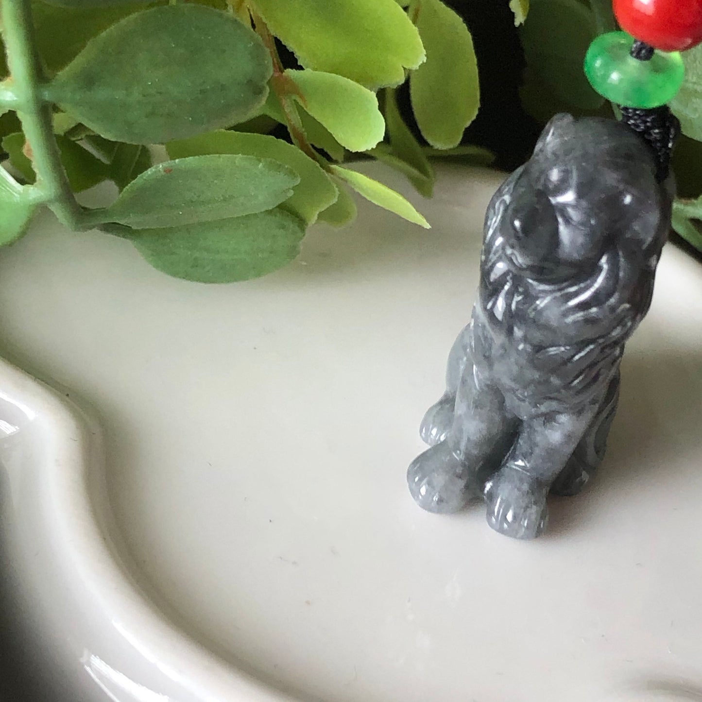 30.4mm Grade A Jadeite Jade Carved Wuji Grey Black Lion Pendant Neck Rope Tie