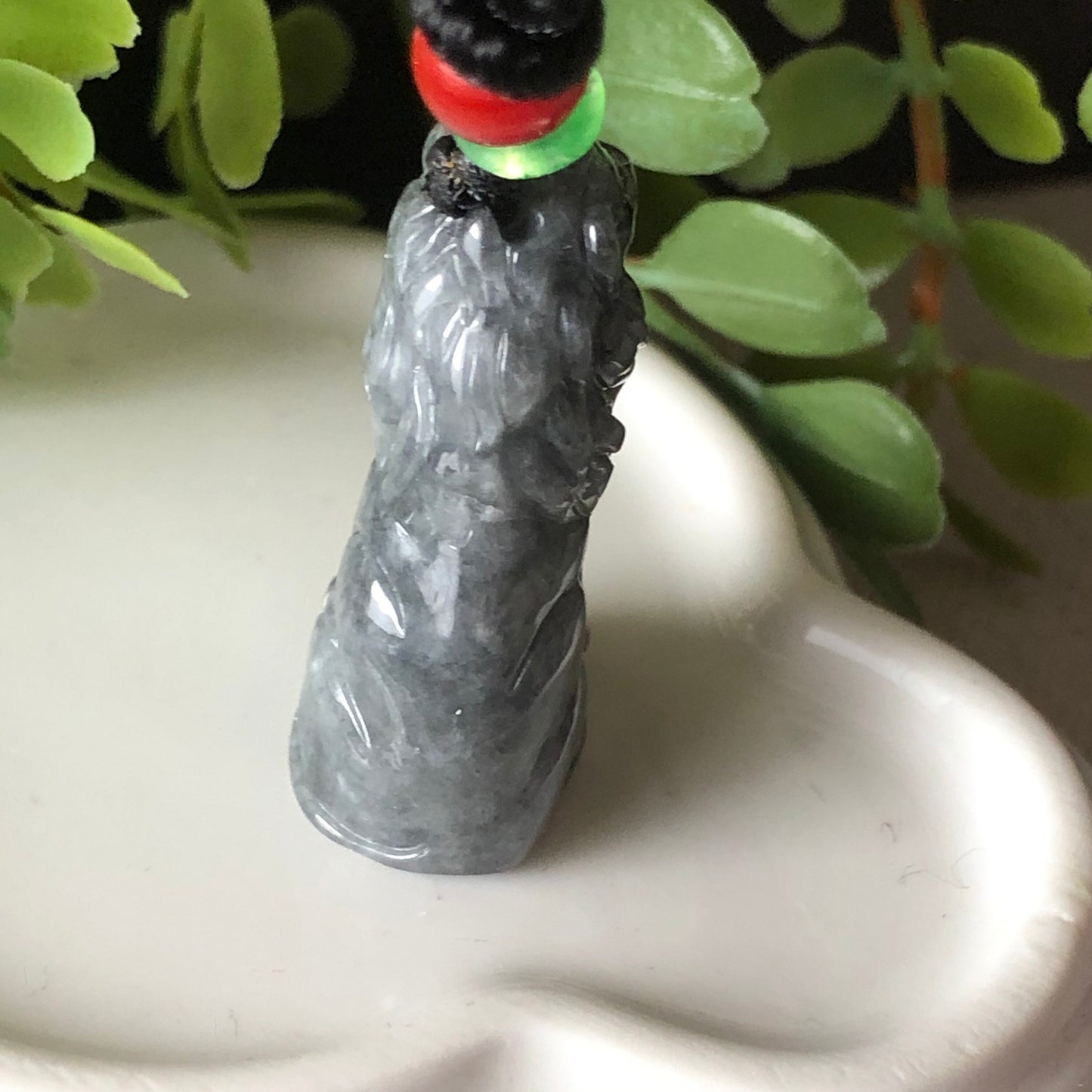 30.4mm Grade A Jadeite Jade Carved Wuji Grey Black Lion Pendant Neck Rope Tie