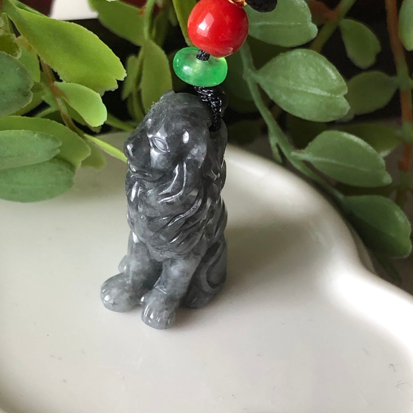 30.4mm Grade A Jadeite Jade Carved Wuji Grey Black Lion Pendant Neck Rope Tie