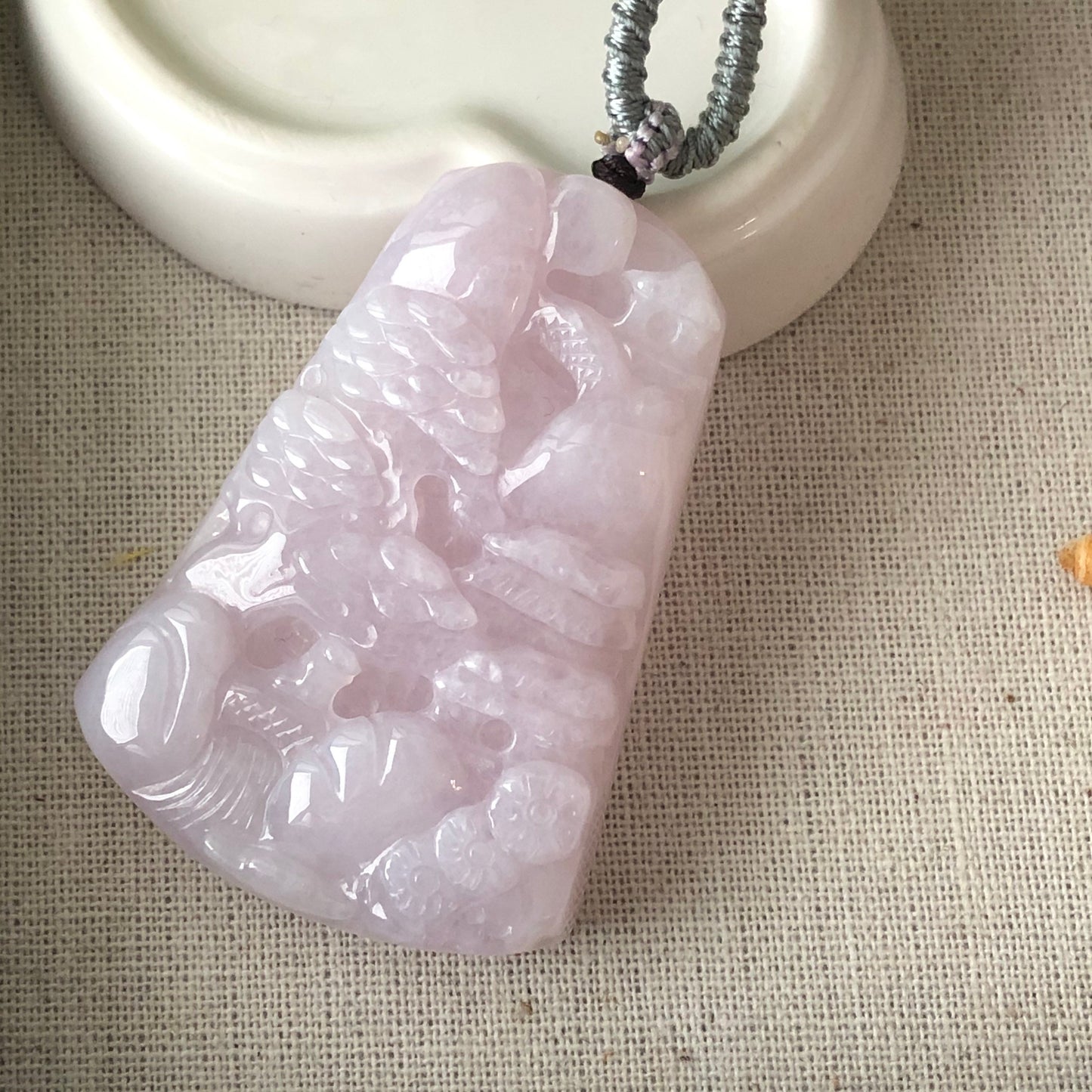 59.5mm Jadeite Jade Icy Light Lavender Pink Carved Landscape Scenery Pendant Neck Rope Tie