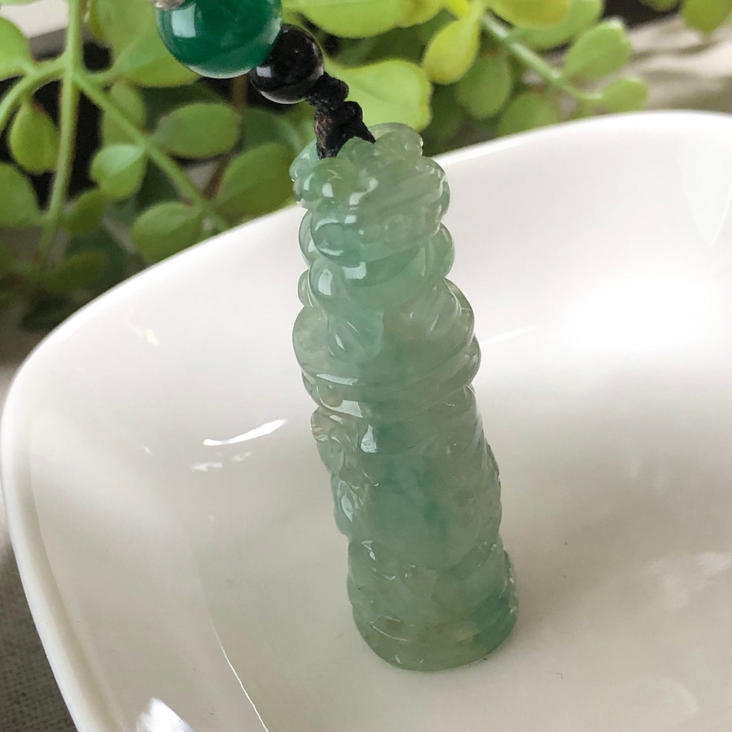 46.3 Jadeite Jade Icy Carved Pixiu Dragon Pole Pendant Keychain Charm