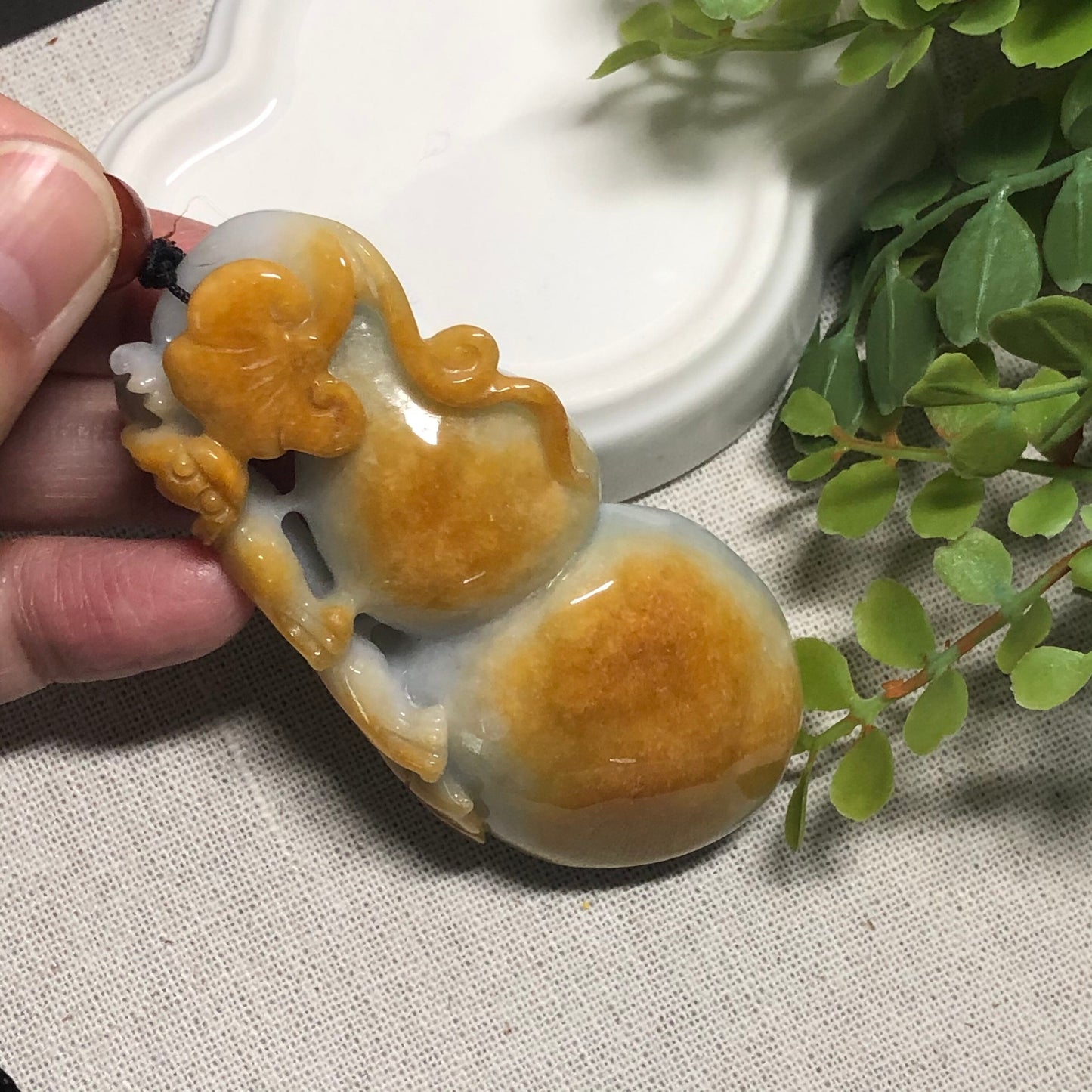 71.6mm Jadeite Jade Big Hulu 葫蘆 Gourd Yellow Brown Ruyi 如意 Keychain Hand Medallion