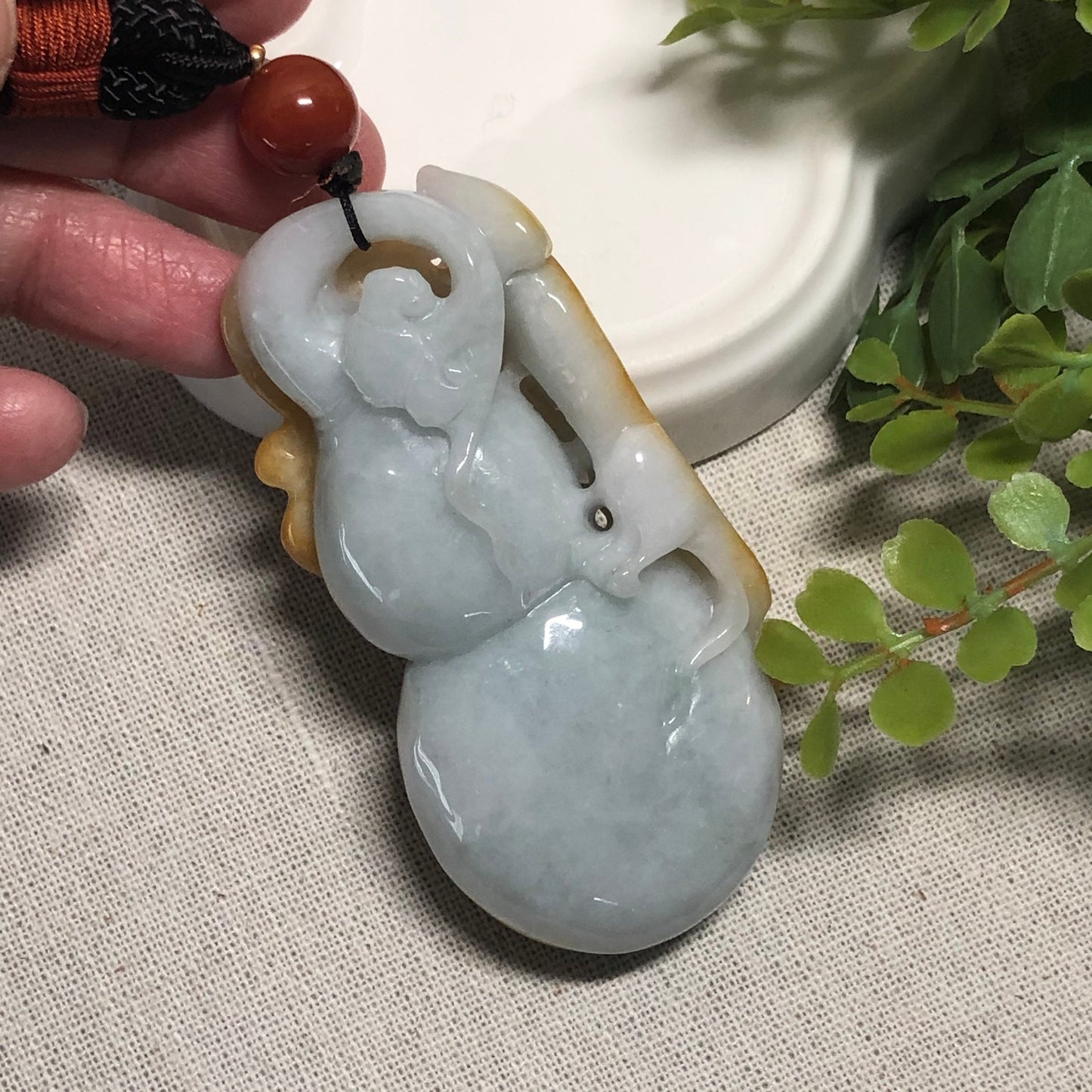 71.6mm Jadeite Jade Big Hulu 葫蘆 Gourd Yellow Brown Ruyi 如意 Keychain Hand Medallion