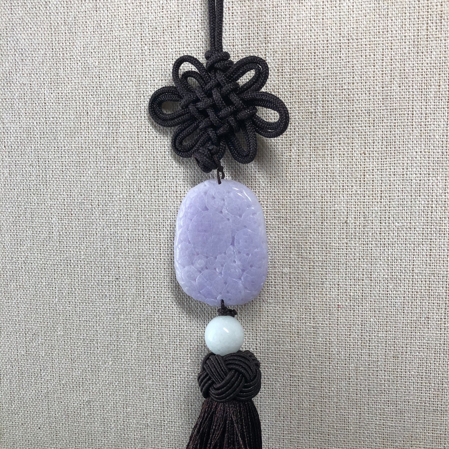 42mm Jadeite Jade Carved Asian Pattern Lavender Floral Keychain Charm Antique Look Design