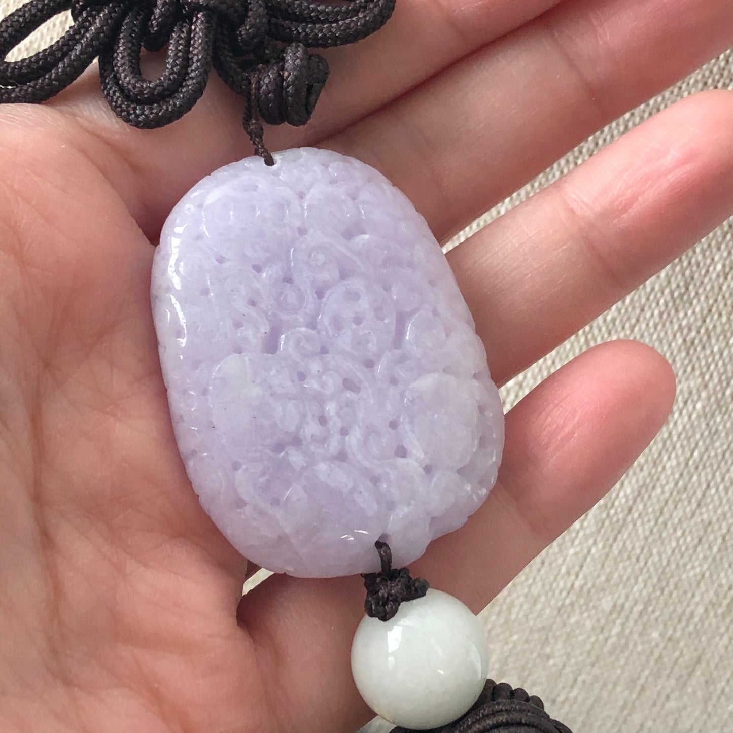 42mm Jadeite Jade Carved Asian Pattern Lavender Floral Keychain Charm Antique Look Design