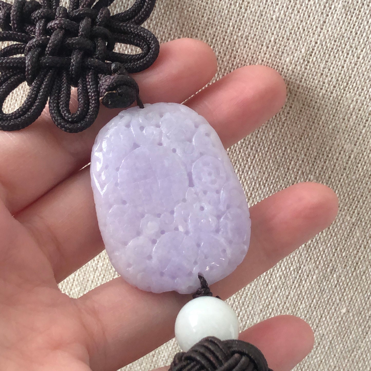 42mm Jadeite Jade Carved Asian Pattern Lavender Floral Keychain Charm Antique Look Design