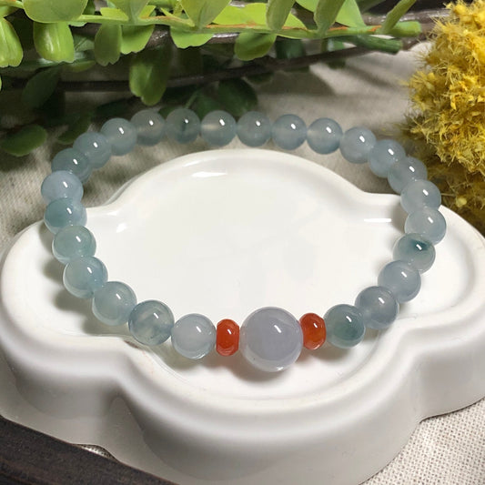 7 mm Grade A Icy Sky Blue Green Float Flowers Round Jadeite Jade Bead Bracelet 25 pcs.