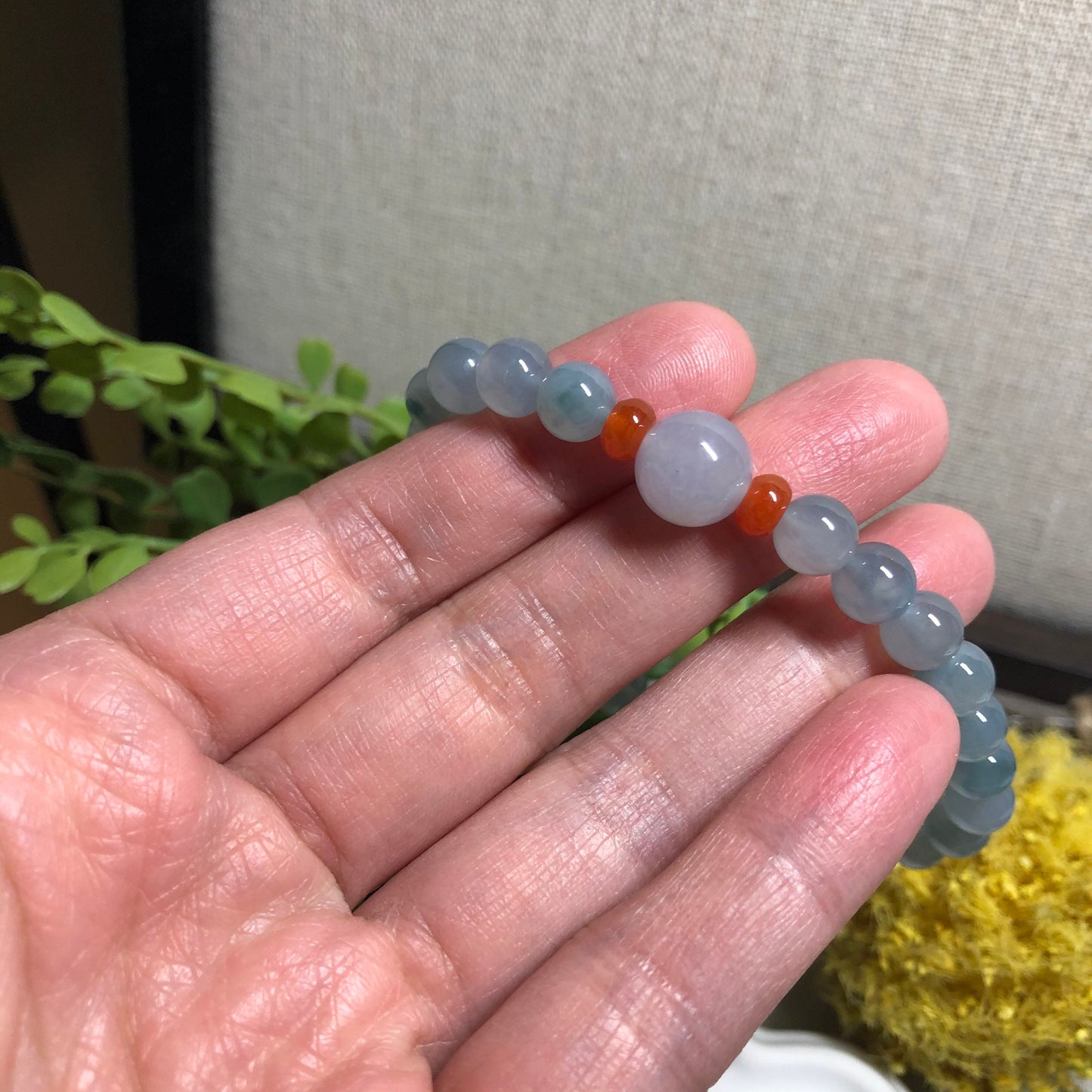 7 mm Grade A Icy Sky Blue Green Float Flowers Round Jadeite Jade Bead Bracelet 25 pcs.