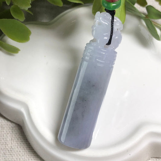 43.2mm Jadeite Jade Icy Light Lavender Wuji Carved Pixiu Pole Pendant Neck Rope Tie