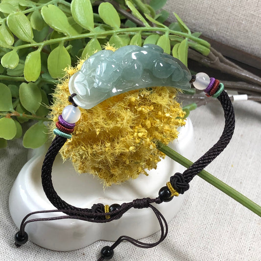 45.9mm Grade A Lake Green Yellow Brown Tail Carved Pixiu Jadeite Jade Rope Bracelet