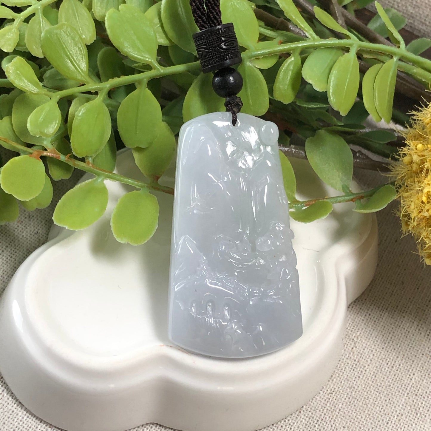 48.5mm Jadeite Jade Icy Fine Glutinous Carved Landscape Scenery Pendant Neck Rope Tie