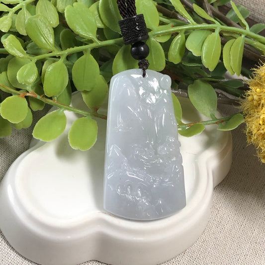 48.5mm Jadeite Jade Icy Fine Glutinous Carved Landscape Scenery Pendant Neck Rope Tie