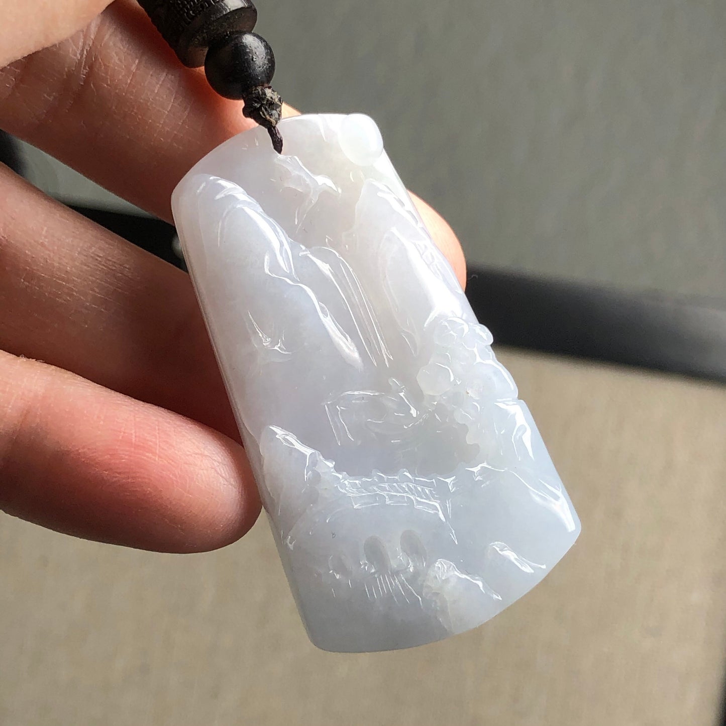 48.5mm Jadeite Jade Icy Fine Glutinous Carved Landscape Scenery Pendant Neck Rope Tie
