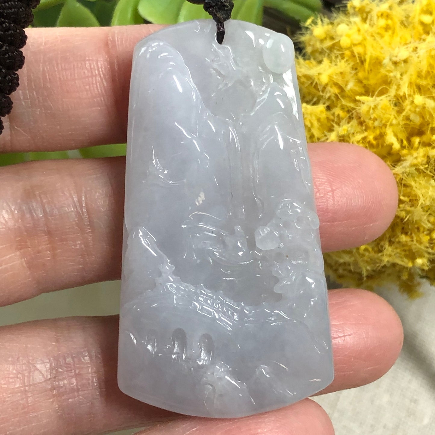 48.5mm Jadeite Jade Icy Fine Glutinous Carved Landscape Scenery Pendant Neck Rope Tie