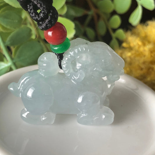 35.4mm High Icy Carved Ram Lamb Jadeite Jade Pendant Keychain Grade A