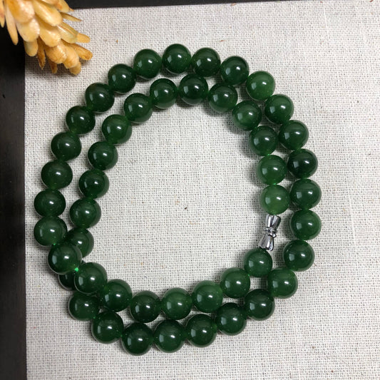 9.5 mm Grade A Hetian Jade Nephrite Imperial Green Cylinder Jadeite Jade Bracelet Necklace. 48pcs.