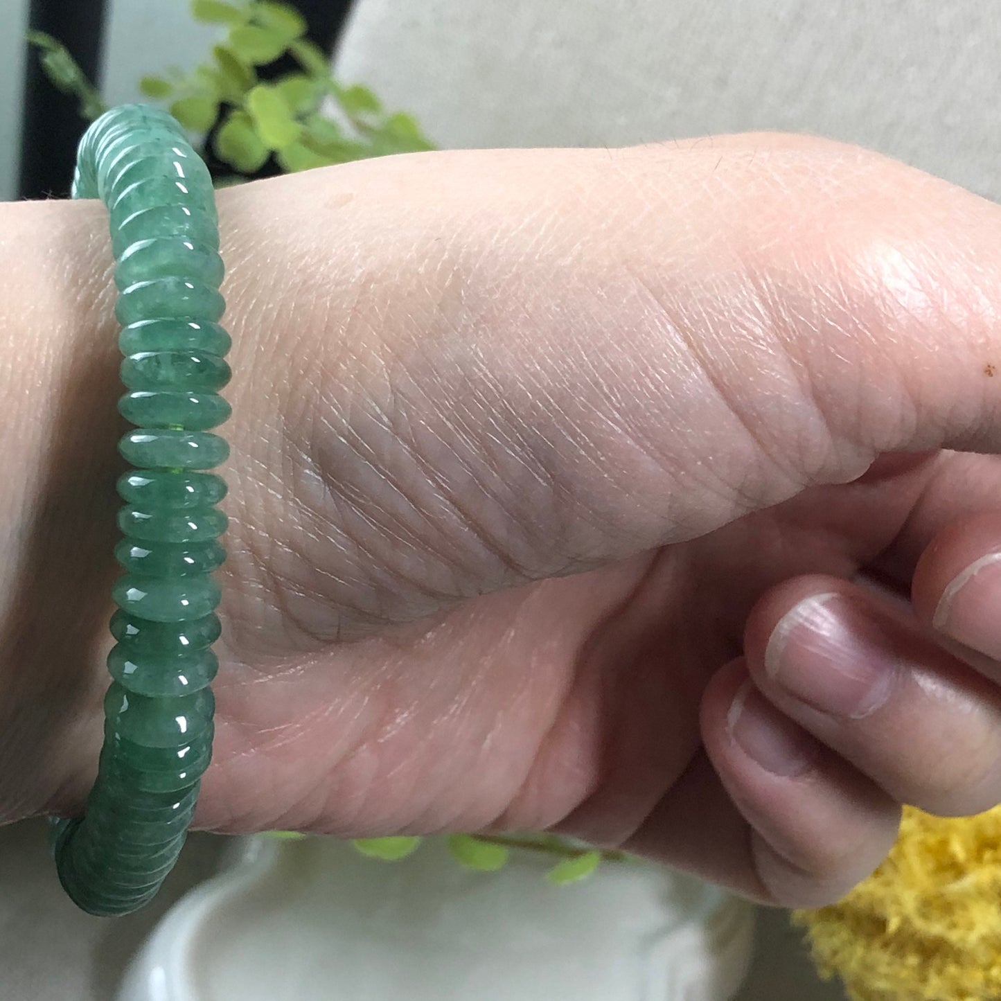 SALE: 7.8 mm Grade A Green Mini Peace Donut l Flat Bead Jadeite Jade Bead Bracelet