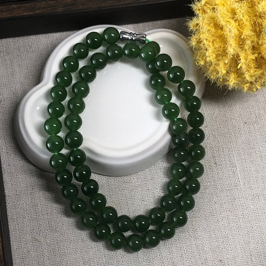 Reserved: 7.7mm Grade A Hetian Jade Nephrite Imperial Green Round Jadeite Jade Bracelet Necklace. 58pcs.