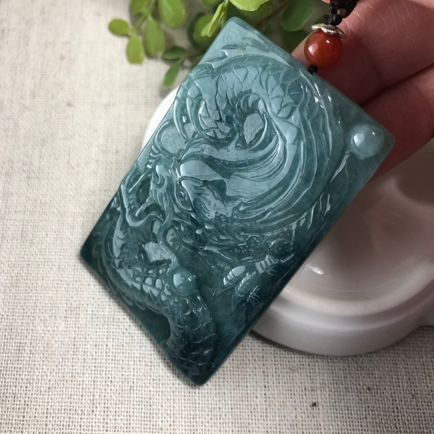 62.3mm Jadeite Jade Blue Green Carved Dragon Pendant Neck Rope Tie