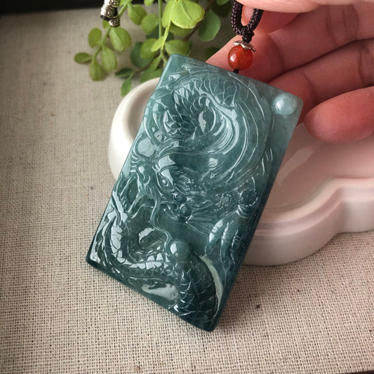 62.3mm Jadeite Jade Blue Green Carved Dragon Pendant Neck Rope Tie