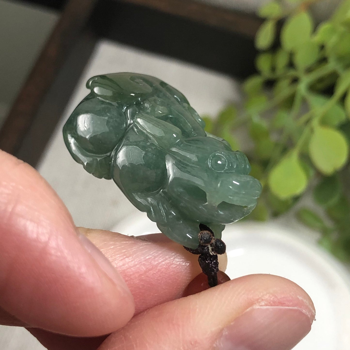 SALE: 34 mm Grade A Blue Green Jade Jadeite Carved Pixiu Ruyi Tail Pendant Display
