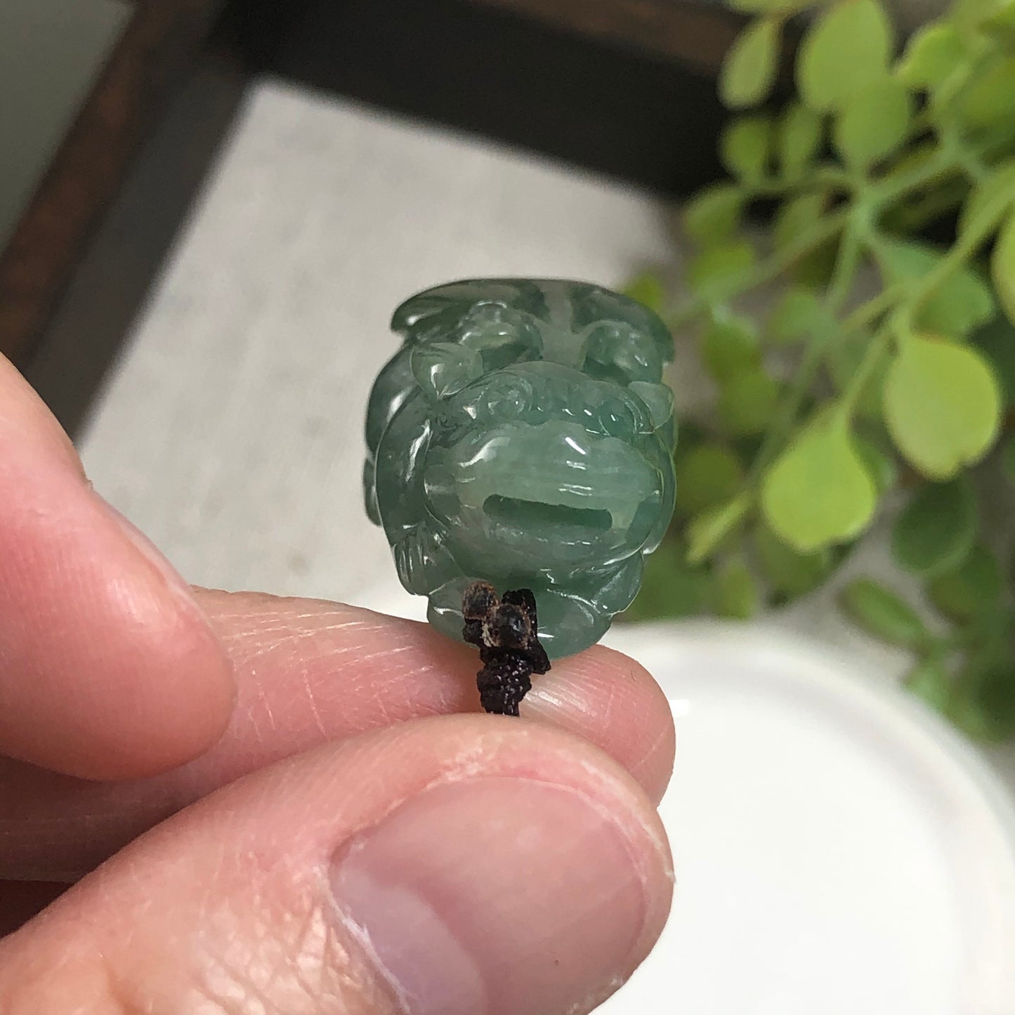 SALE: 34 mm Grade A Blue Green Jade Jadeite Carved Pixiu Ruyi Tail Pendant Display