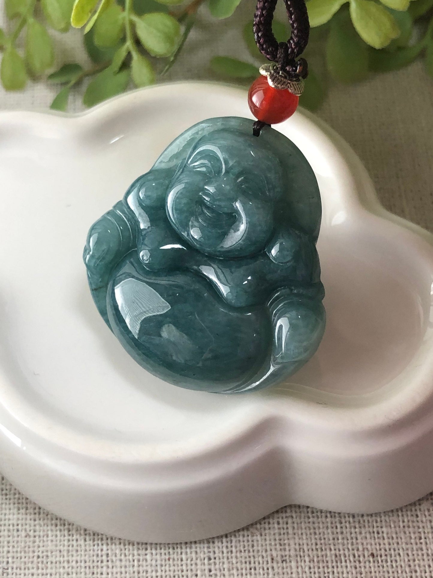 33.3 mm Grade A Blue Green Jade Jadeite Carved Happy Buddha Pendant