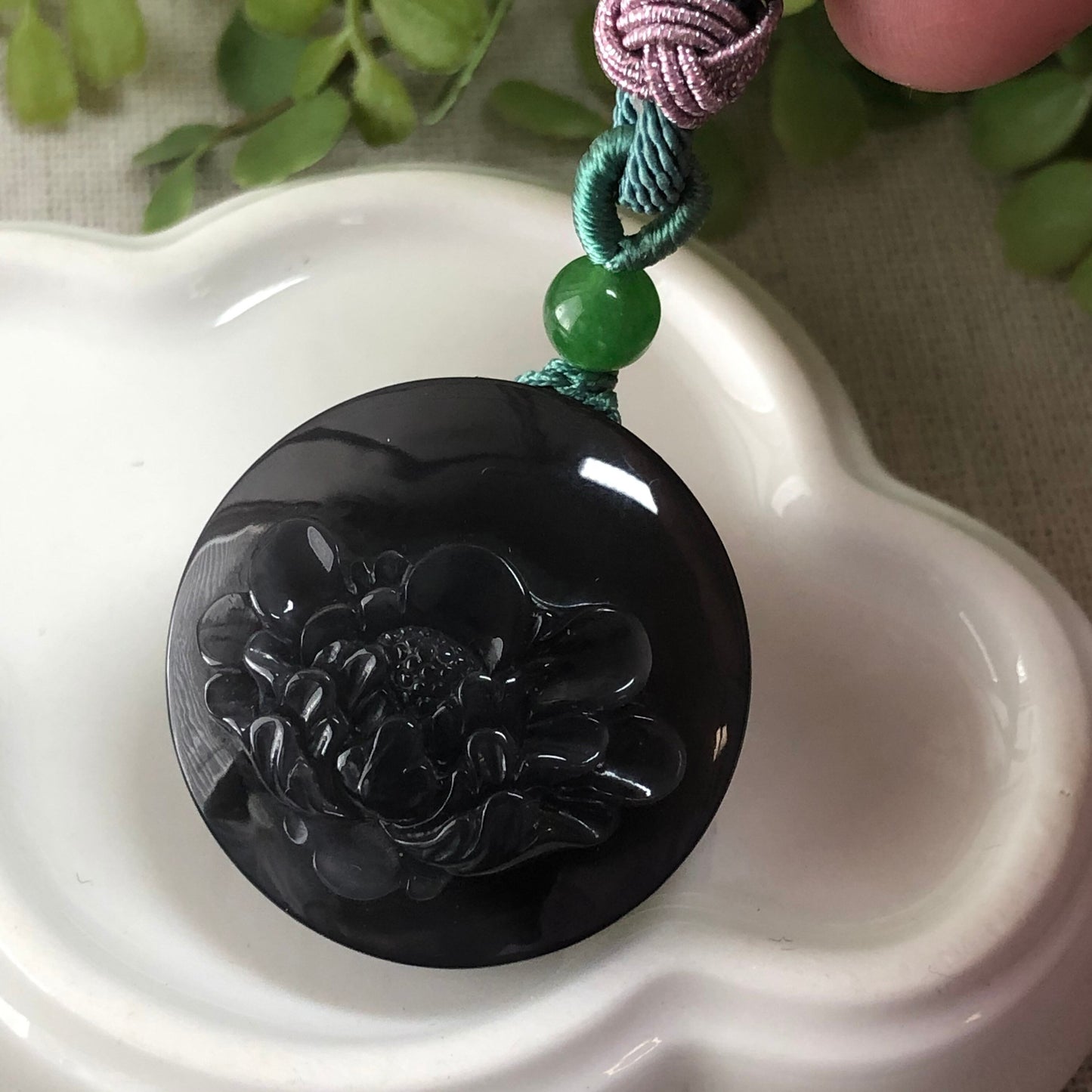 30.7 mm Grade A Hetian Nephrite Jade Imperial Lavender Carved Flower Pendant