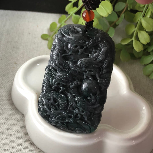 54.2mm Jadeite Jade Wuji Green Carved 9 Dragons Pendant Neck Rope Tie