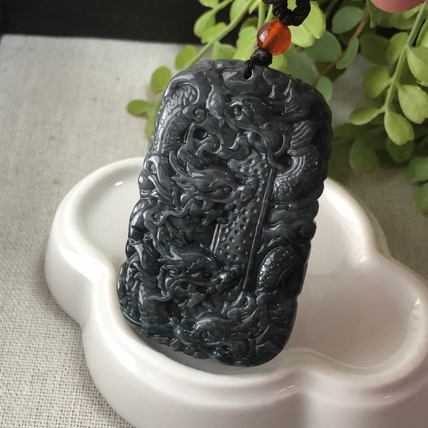 54.2mm Jadeite Jade Wuji Green Carved 9 Dragons Pendant Neck Rope Tie