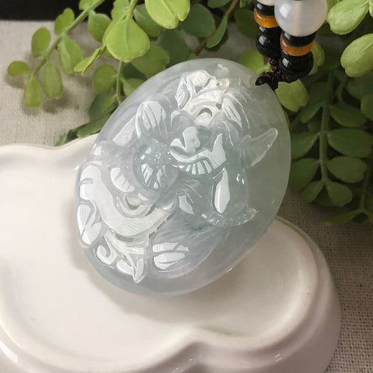 50.5mm Grade A 3D Carved Jadeite Jade Bird Flower Scenery Pendant Medallion