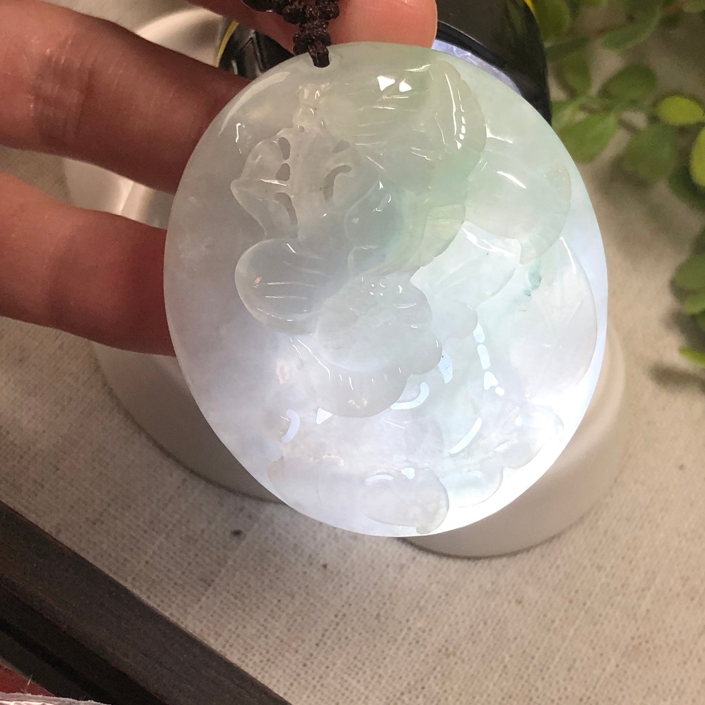 50.5mm Grade A 3D Carved Jadeite Jade Bird Flower Scenery Pendant Medallion