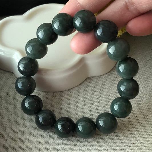 13 mm Grade A Olive Green Jadeite Jade Bead Bracelet 16pcs.